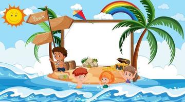 Plantilla de banner vacío con niños de vacaciones en la escena diurna de la playa vector