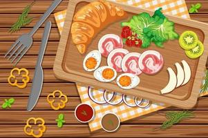 Breakfast croissant with ham and boiled egg on the table vector