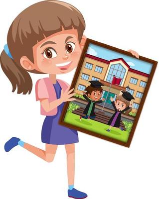 Cartoon character of a girl holding her graduation photo