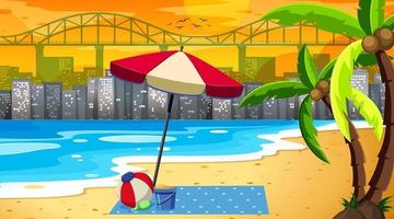 Tropical beach landscape scene with cityscape background vector