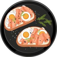 Smoked salmon bruschetta with egg topping on a round plate isolated vector