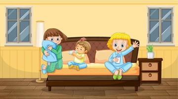 escena de dormitorio con tres niños en pijama. vector