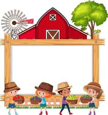 Empty wooden frame with children and red barn