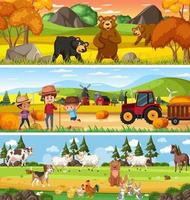 Different panoramic nature landscape set with cartoon character vector