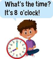 diciendo la hora con un niño sosteniendo un reloj vector