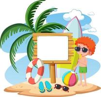 Blank wooden board with many kids on summer vacation at the beach vector