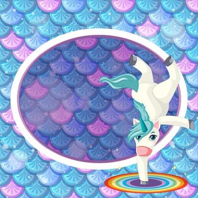 Round frame unicorn on rainbow fish scales background