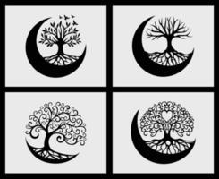 Set of tree of life crescent moon decoration element vector