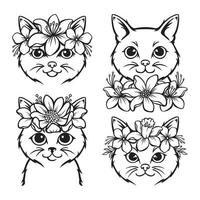 lindo gato en la ilustración de la guirnalda floral vector