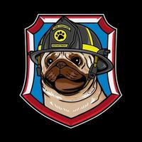 Vector graphic logo design pug dog cartoon vintage retro fire fighter