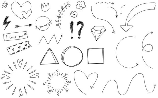 Doodle frame line arrows planet hearts Sketch set isolated collection