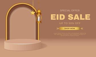 Eid mubarak sales banner with geometric podium vector