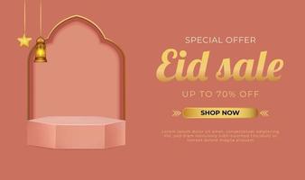 Eid mubarak sales banner with geometric podium vector