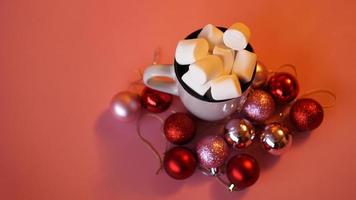 Trendy Christmas background of of hot chocolate with marshmallow photo