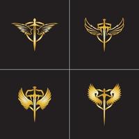 Gold winged sword with shield vector icon.