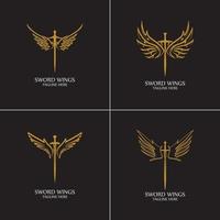 Sword with Wings. Golden Sword Symbol on Black Background. vector
