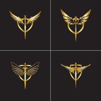 Gold winged sword with shield vector icon.