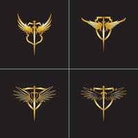 Gold winged sword with shield vector icon.