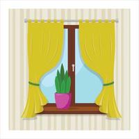 Ventana con dos cortinas amarillas y una planta en el alféizar de la ventana. vector