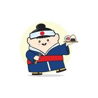 Japanese man in traditional dress holds chopsticks and sushi vector