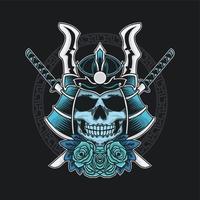 Blue skull samurai with blue roses