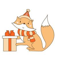 Winter Fox in scarf and hat With gift. Cute wild animal vector