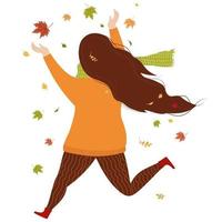 Autumn. girl rejoices and catches the autumn leaves vector