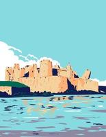 Caerphilly Castle in Brecon Beacons National Park UK Art Deco WPA vector