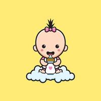 Cute baby sitting on the cloud holding milk bottle pacifier vector