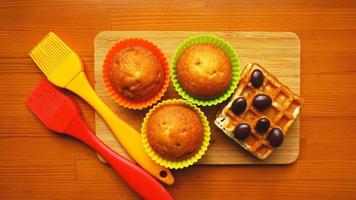 Simple mini muffins in colorful silicone bakeware. Kitchen photo