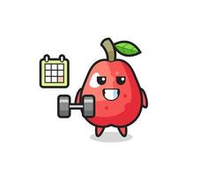 dibujos animados de mascota de manzana de agua haciendo fitness con mancuerna vector