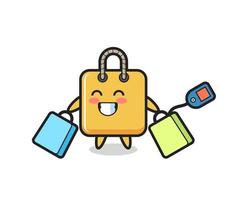 shopping bag mascot cartoon holding a shopping bag vector