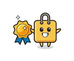 shopping bag mascot illustration holding a golden badge vector