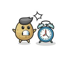 Cartoon Illustration of potato is surprised with a giant alarm clock vector