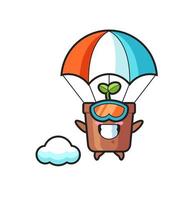 plant pot mascot cartoon is skydiving with happy gesture vector