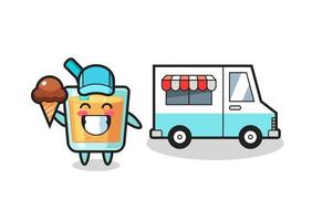 caricatura de mascota de jugo de naranja con camión de helados vector