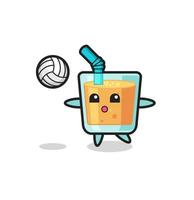 personaje de dibujos animados de jugo de naranja está jugando voleibol vector