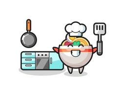 ilustración de personaje de tazón de fideos mientras un chef está cocinando vector