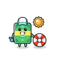 Cartoon mascot of money as a beach guard vector