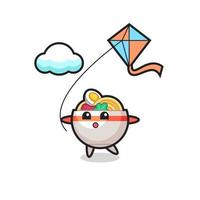 noodle bowl mascot illustration is playing kite vector