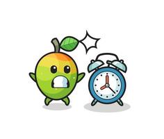 Cartoon Illustration of mango is surprised with a giant alarm clock vector