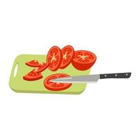 Cutting board with chopped tomatoes, wedges and slices and a knife vector