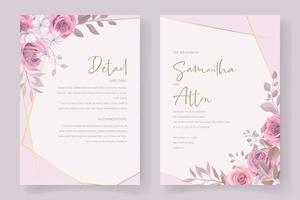 Plantilla de tarjeta de invitación de boda con decoración de rosas y hojas. vector