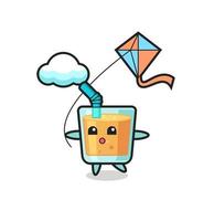 orange juice mascot illustration is playing kite vector
