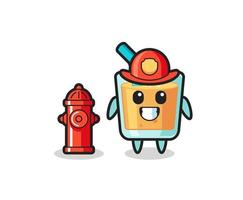 personaje mascota de jugo de naranja como bombero vector