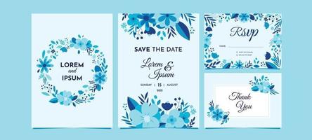 conjunto de invitación de boda floral azul vector