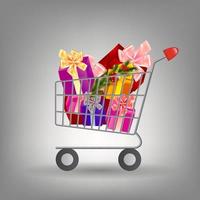 Shopping cart with Christmas gifts. Vector illustration