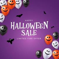 Feliz tarjeta de vacaciones de venta de halloween con globos divertidos. vector