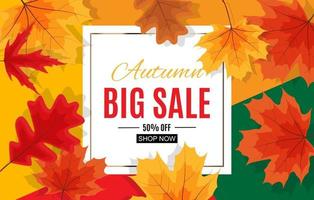 Banner de venta de hojas de otoño brillante. tarjeta de descuento comercial. vector