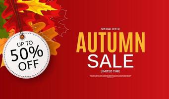 Banner de venta de hojas de otoño brillante. tarjeta de descuento comercial. vector